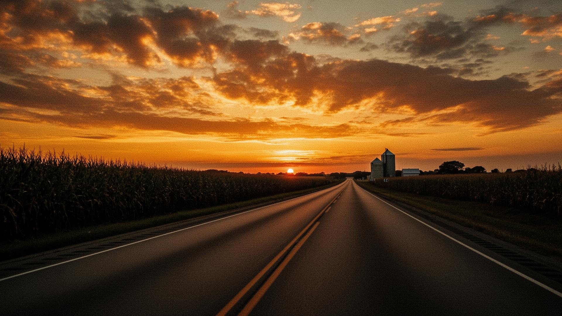 Illinois highway at golden sunset