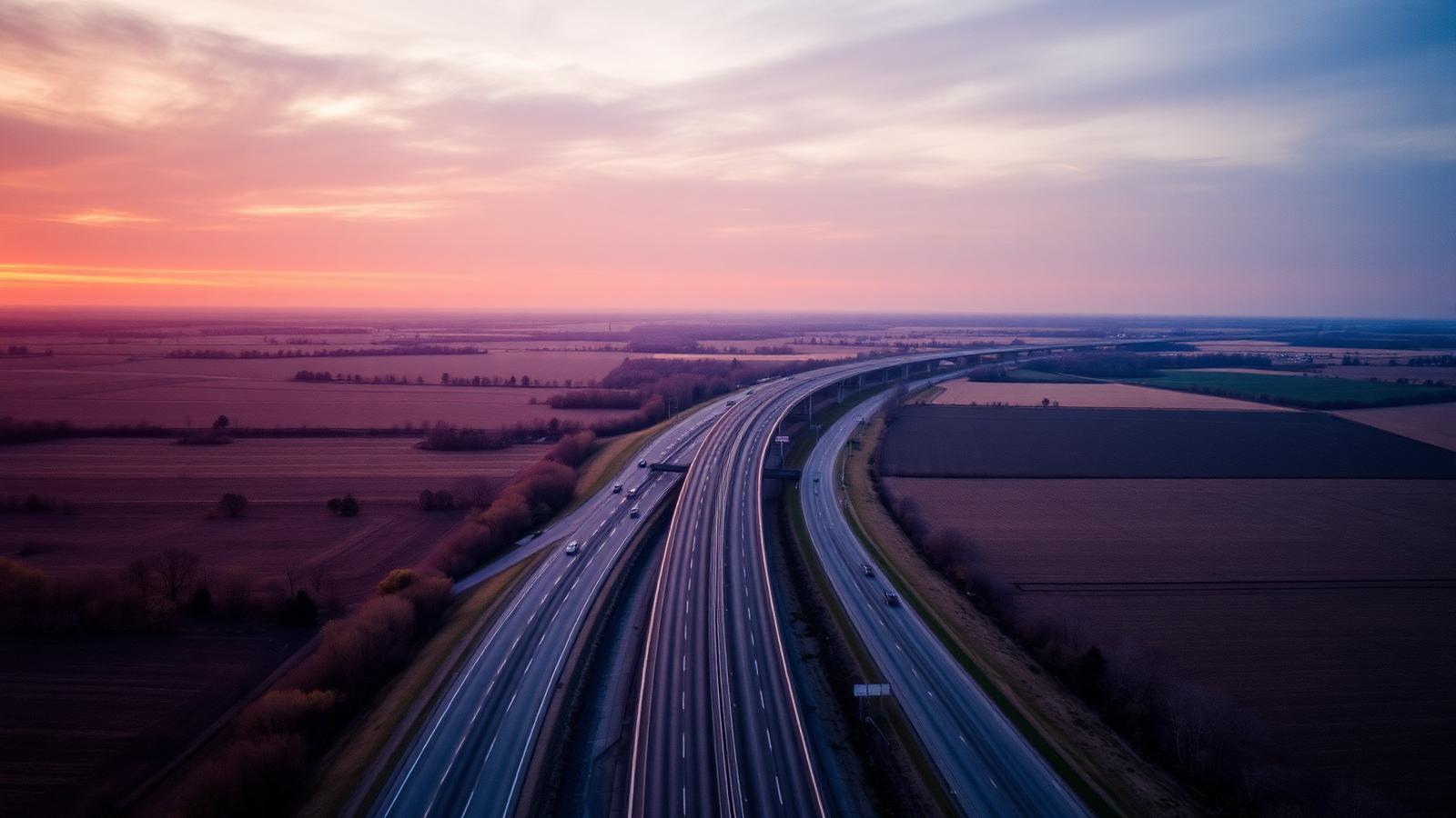 Aerial view of I-57 cutting through Illinois farmland